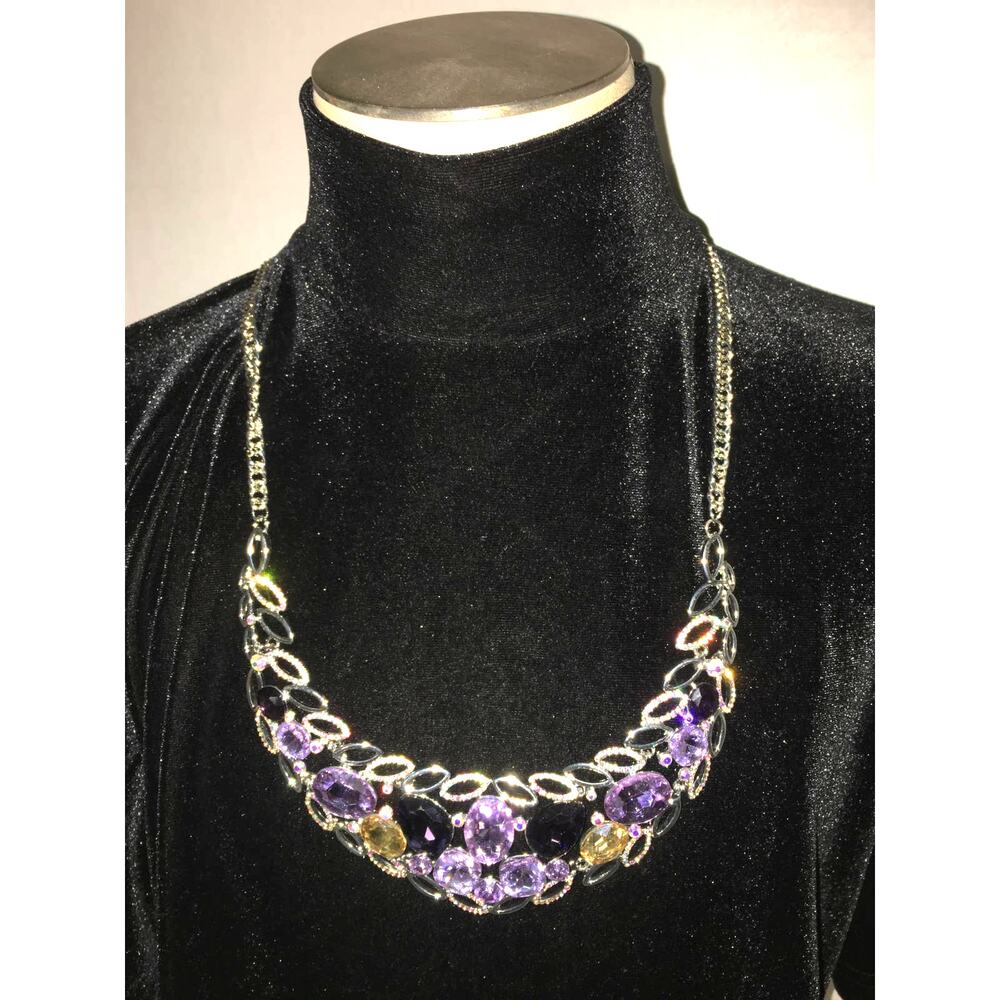 💜 3/$25 💜 Statement Bib Necklace Purple Austrian Crystal Gems Jewelry New
